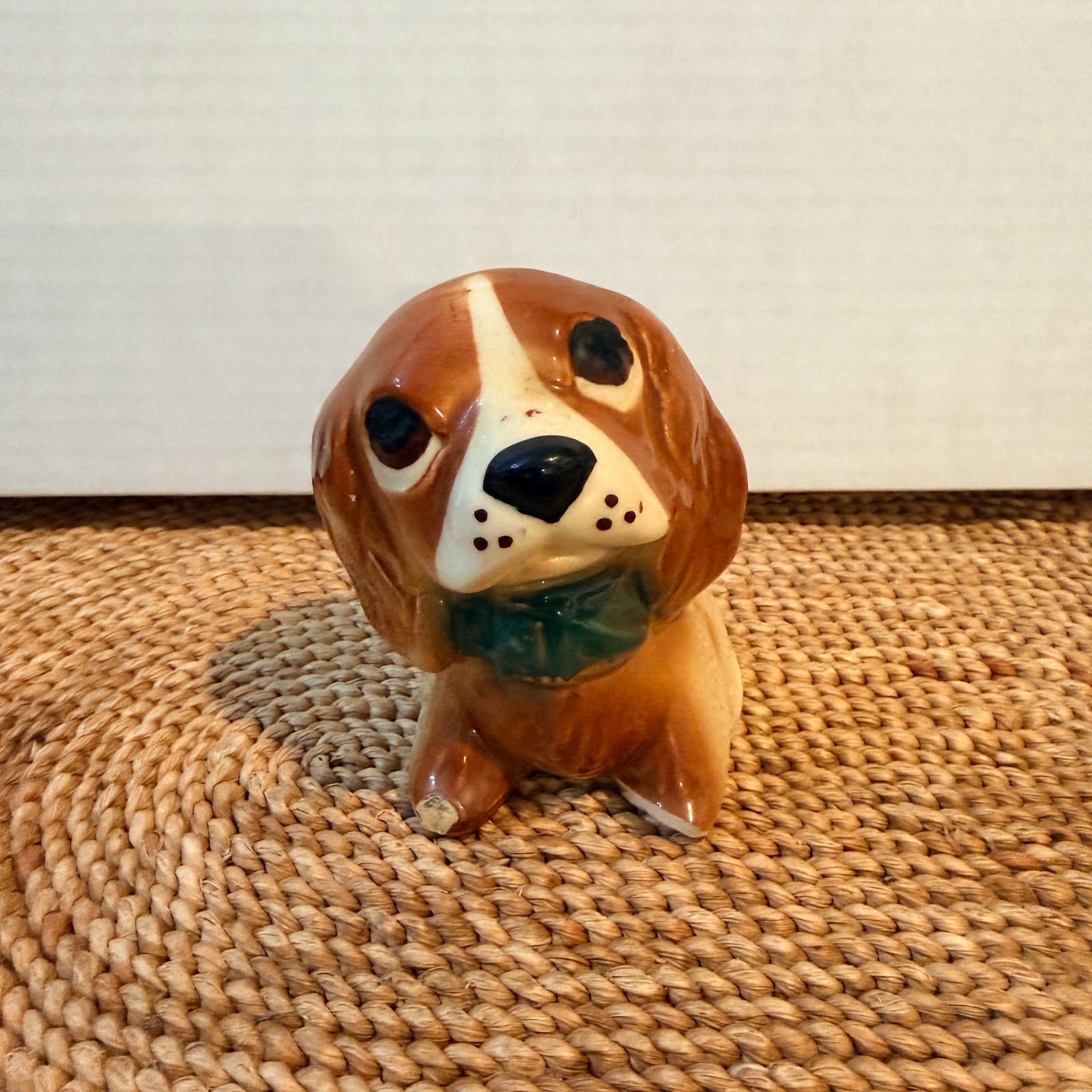 Vintage Ceramic Spaniel Dog Planter Brown Green Bow Kitsch Mid Century Decor
