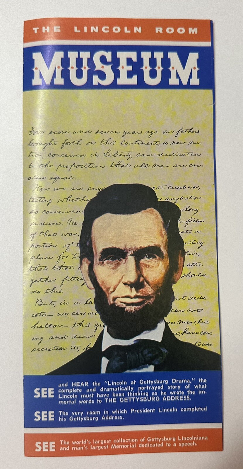 Vintage 1960’s The Lincoln Room Museum, Gettysburg PA Brochure Civil War