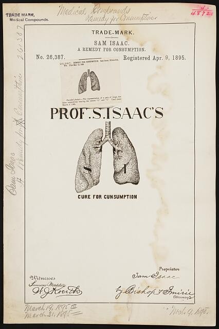 Photo:Trade Mark Sam Isaac Prof S Isaacs Cure for Consumption Lungs 1895