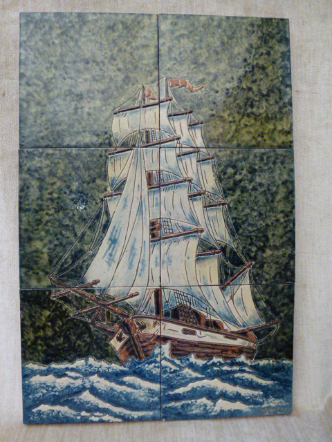  Pottery Majolica Polychrome Tile Plaque Ship Galleon Schooner SIGNED Cosas
