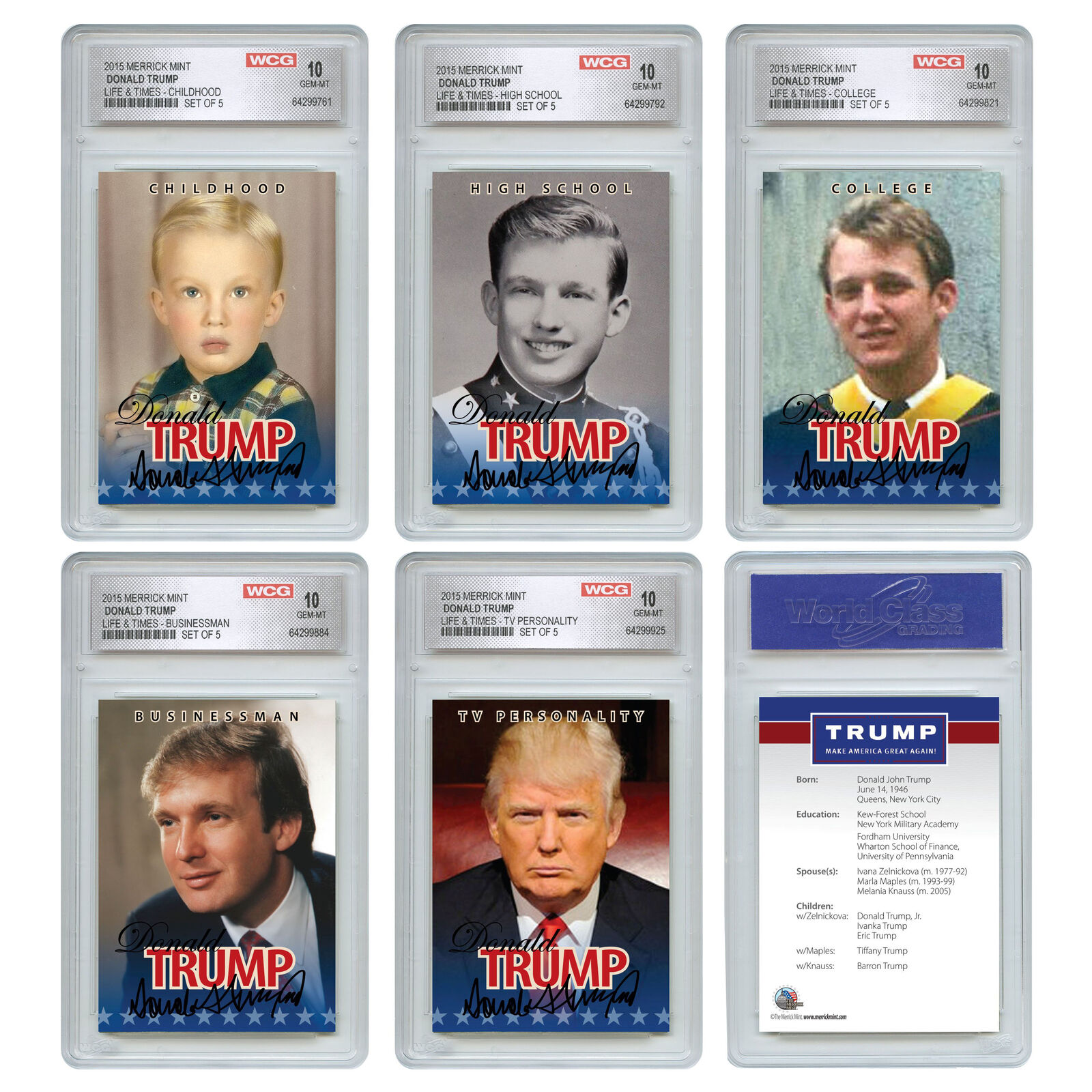 2015 DONALD TRUMP 45th President OFFICIAL Life & Times 5-Card Set Graded GM-10