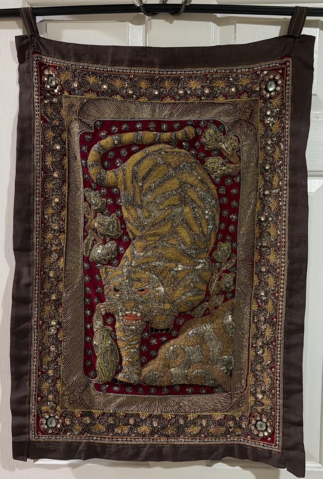 Vintage Thai Embroidered Tiger Tapestry 22”x34”