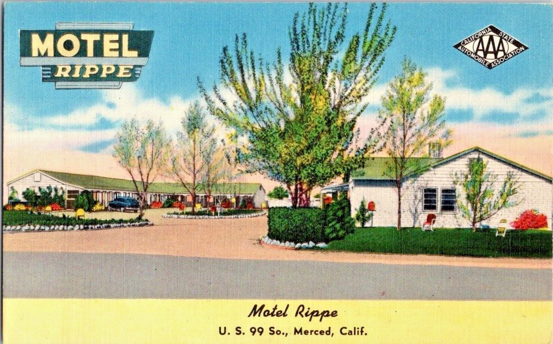 MOTEL RIPPE Merced, California Roadside Highway 99 c1940s Linen Vintage Postcard