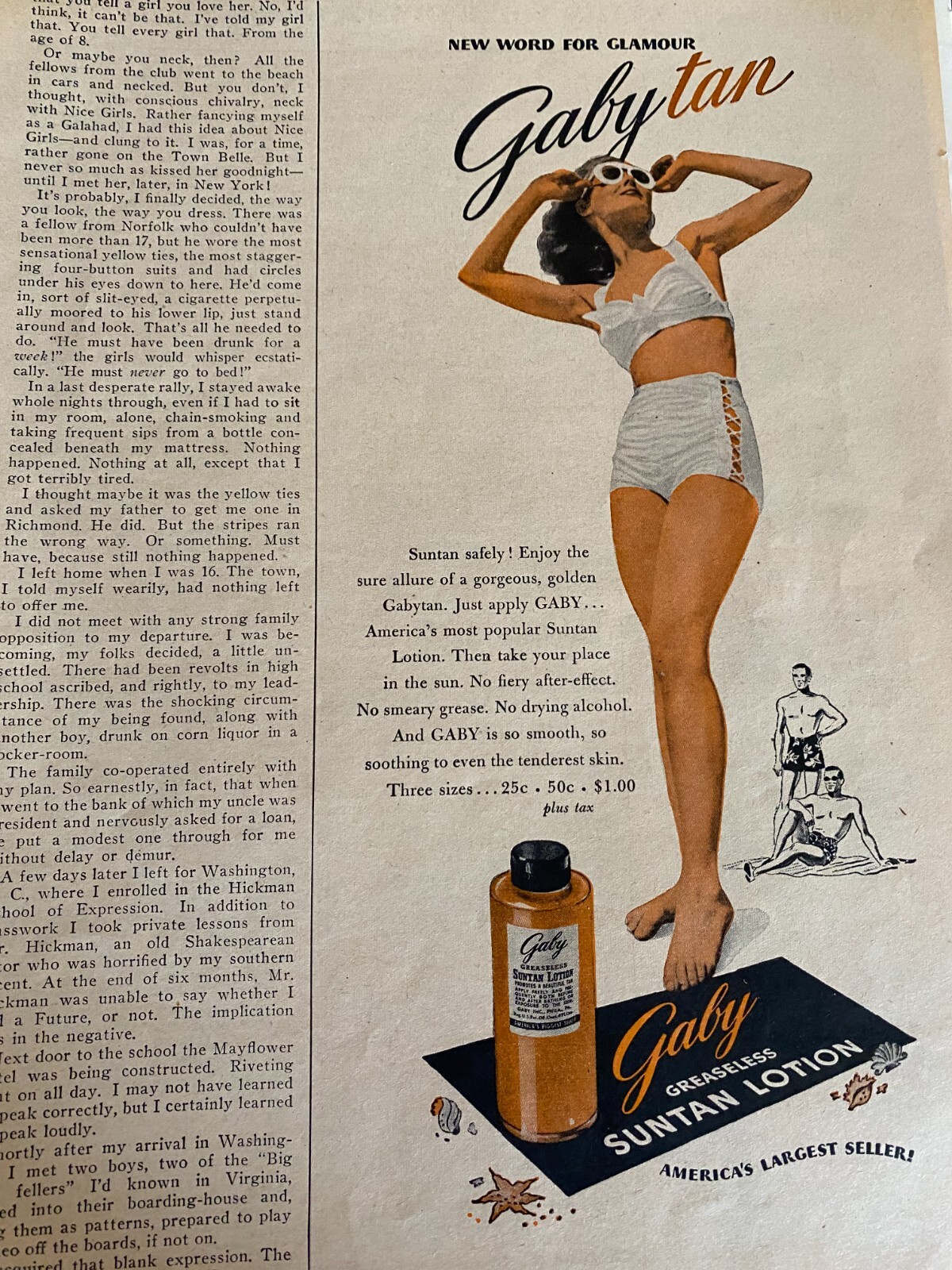 Gaby Suntan Lotion, Tanning, Vintage Print Ad, a
