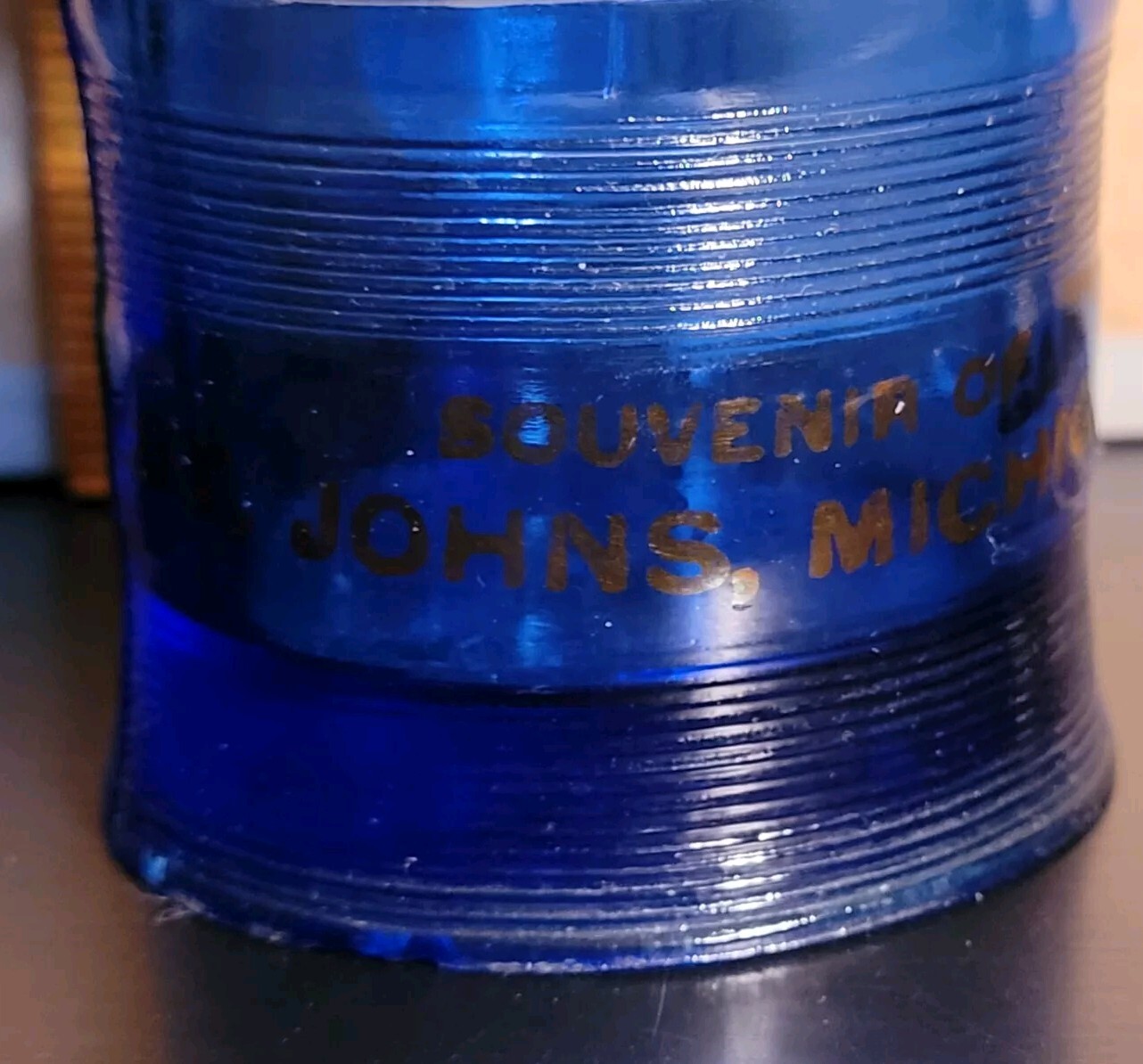Vintage Souvenir of ST JOHNS MICHIGAN Toothpick Holder Blue Glass