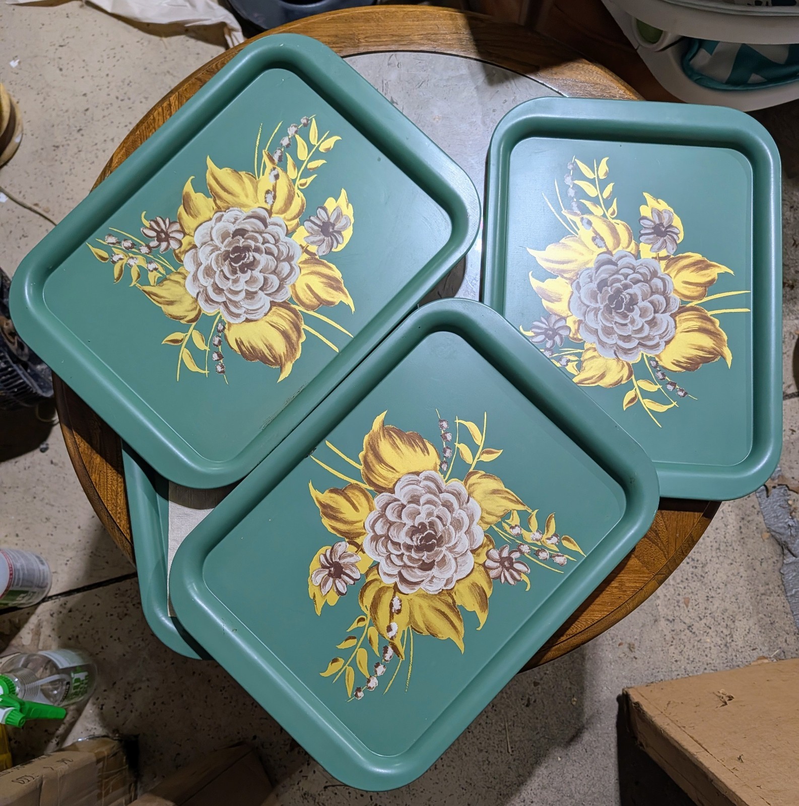 set of 6  Vtg Metal Serving Trays - Teal with  White Flowers and Gold/Brown leaf
