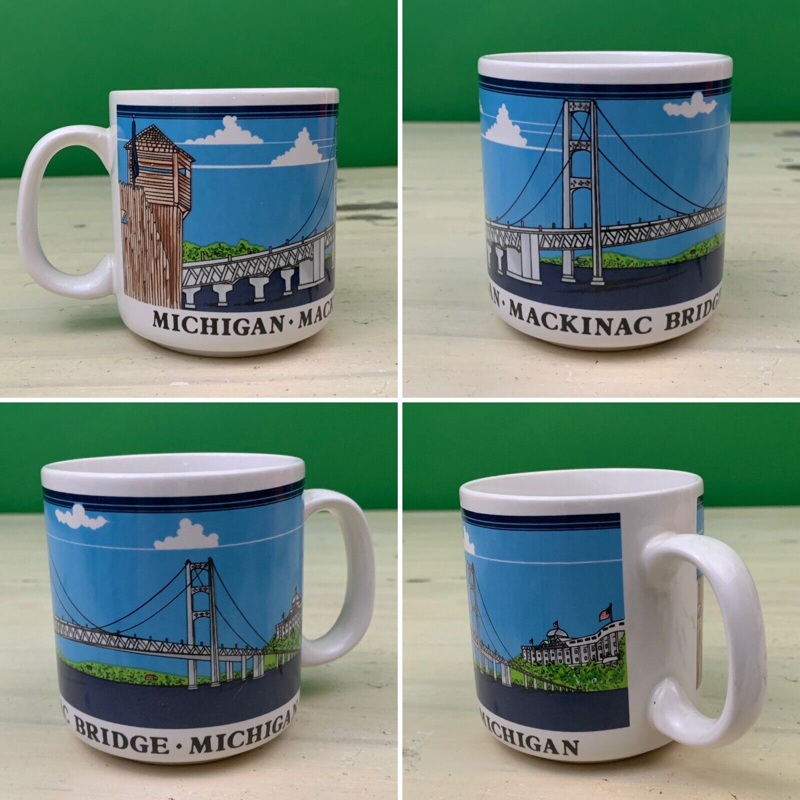 MACKINAC ISLAND BRIDGE MICHIGAN - Vtg 80s-90s White & Blue Glass Mug Coffee Cup