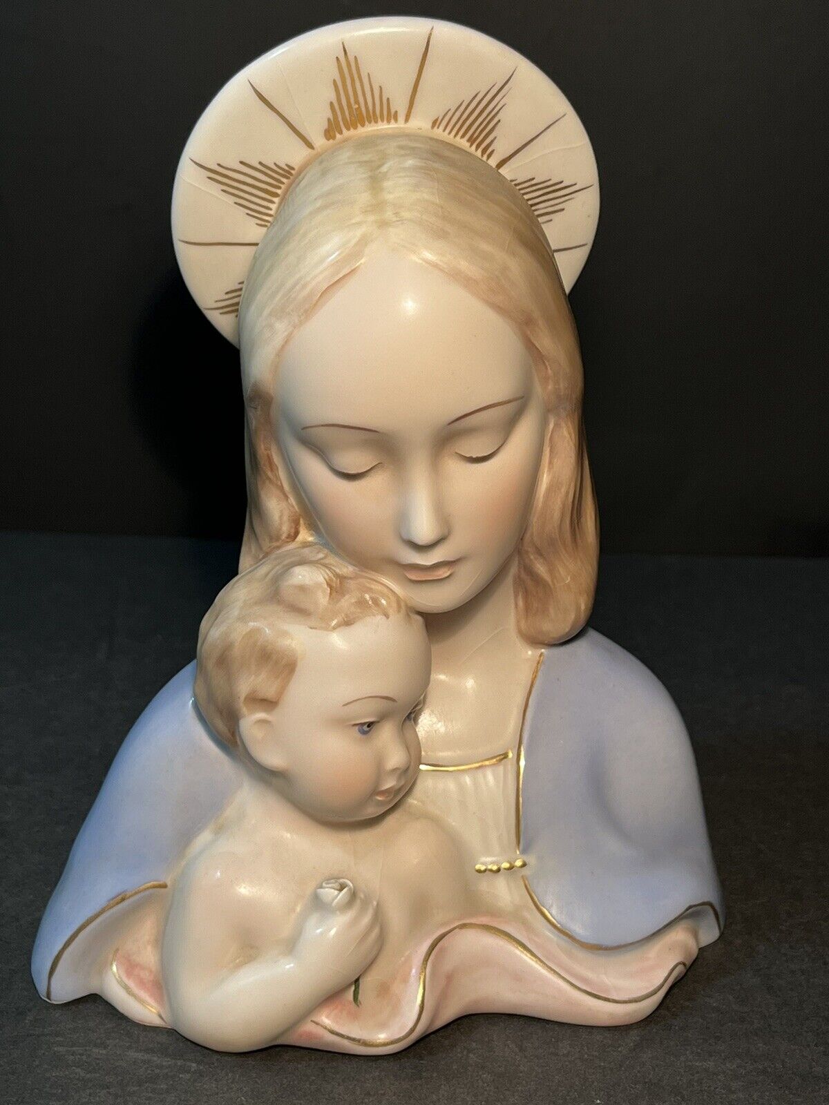 Vintage Madonna Bust Holding Baby Jesus Figurine Numbered Made in Italy 7 1/2”