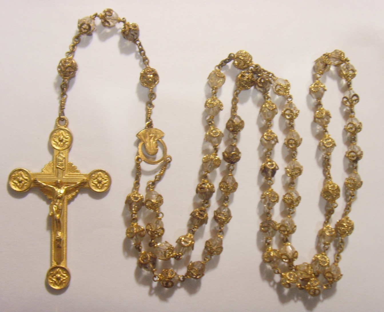 1890s antique 21 inch gold tone catholic rosary crucifix encaged beads 55222 1890s antique 21 inch gold tone catholic rosary crucifix encaged beads 55222