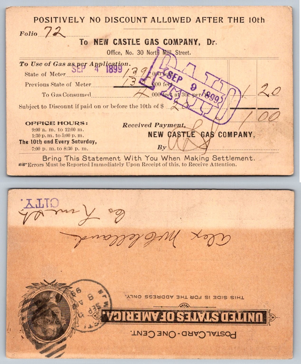1899 New Castle PA Gas Company Utility Bill Postal Card Postmarked 1899 New Castle PA Gas Company Utility Bill Postal Card Postmarked