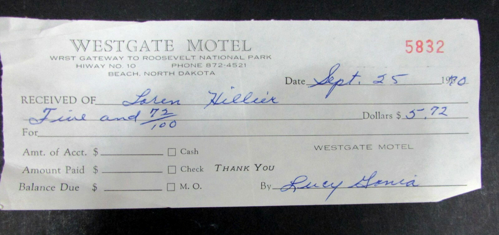 Vintage 1970 Westgate Motel Receipt Beach ND Gateway Roosevelt National Park