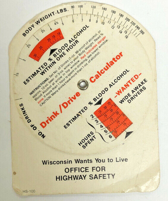 Vintage Wisconsin Drink/Drive Calculator Drunk Driving Calculator R67