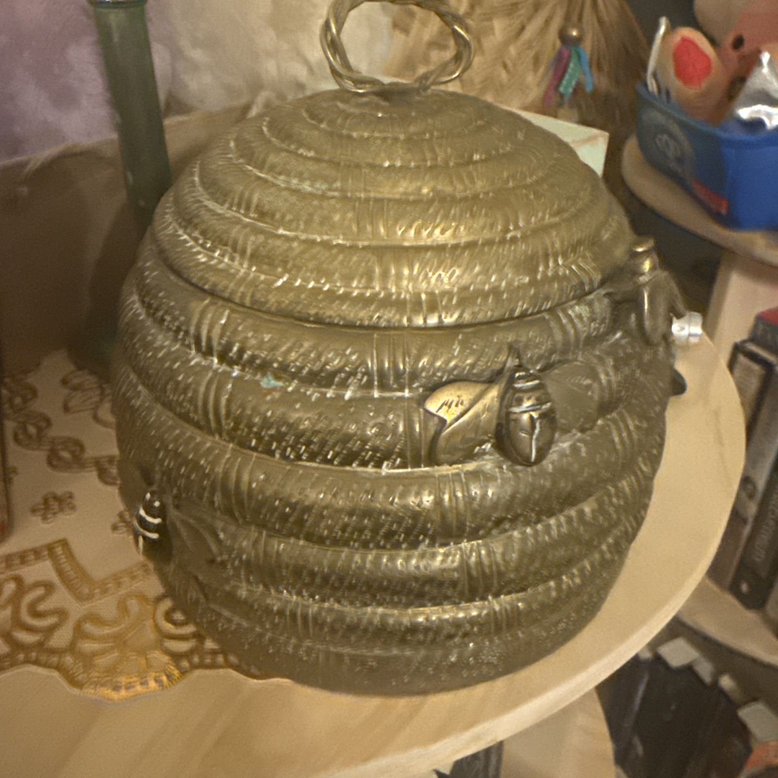 VINTAGE MOTTAHEDEH BRASS BEEHIVE LIDDED HONEY POT CONTAINER WITH BEES CANISTER VINTAGE MOTTAHEDEH BRASS BEEHIVE LIDDED HONEY POT CONTAINER WITH BEES CANISTER