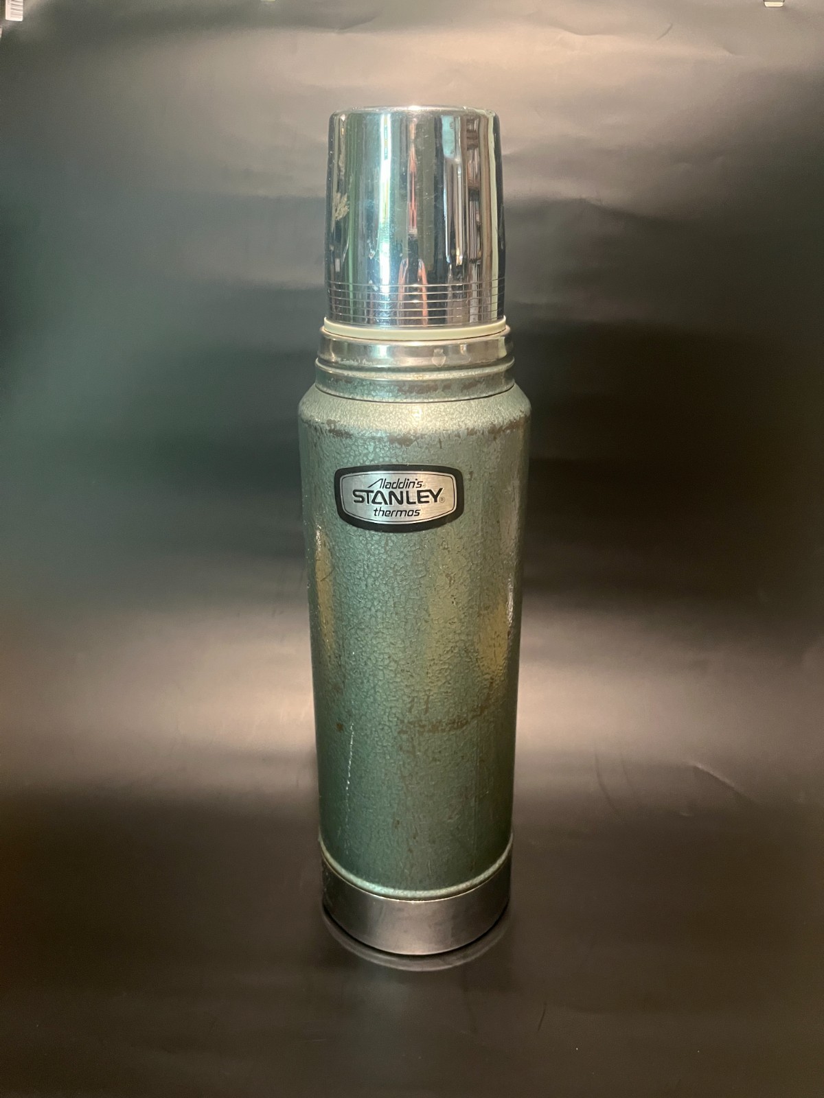 Vintage Stanley Aladdin Green Vacuum Bottle Thermos Cup and Cap 1 Qt USA Made