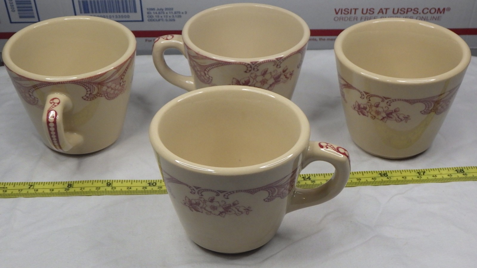 Vintage 1950's Inca Ware Rose Point Tan Burgandy Cup Set of 4 Shenango China