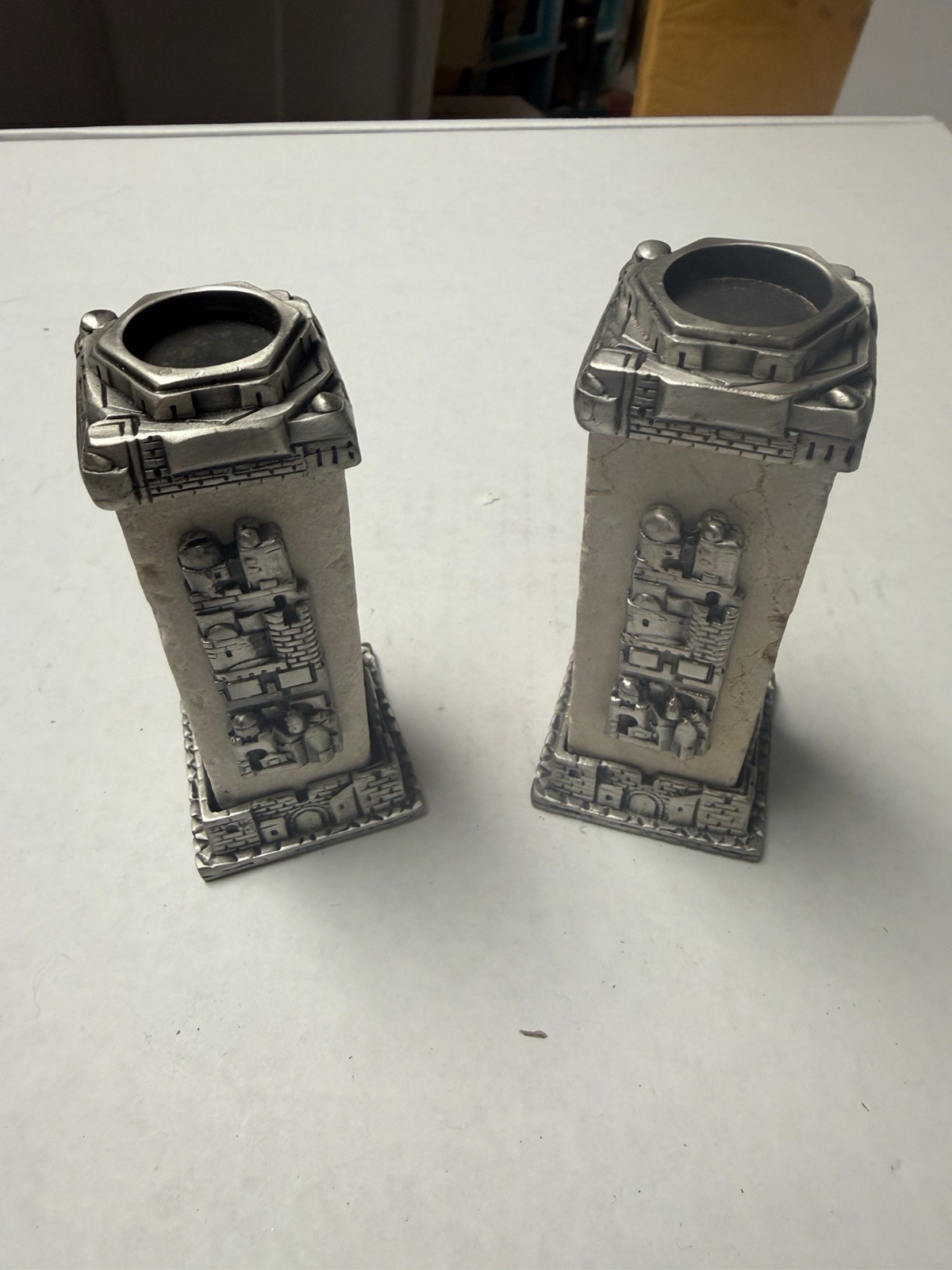 Shabbat Candleholders-Heavyweight Stone With Silver.  Approx 4”.