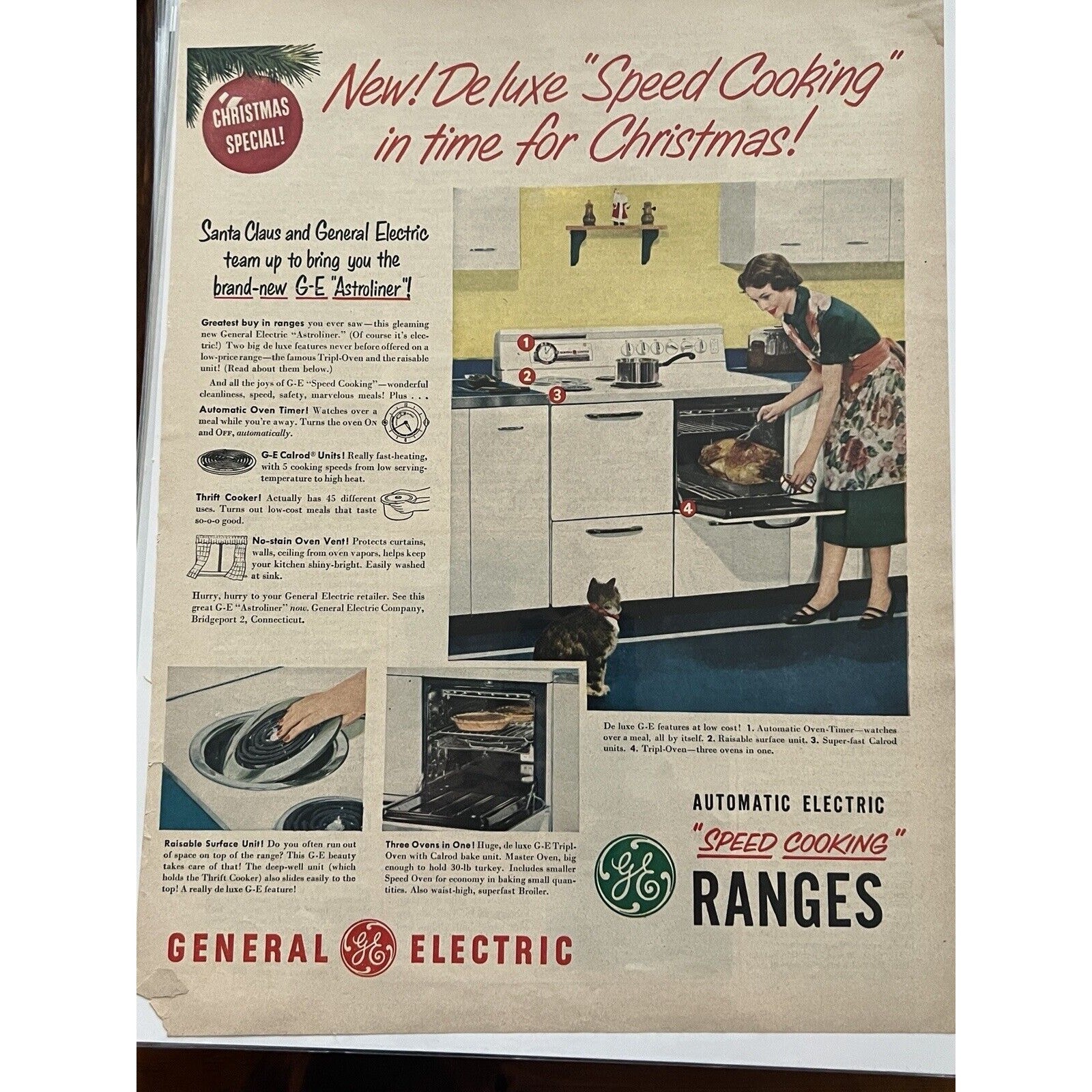 Vtg 1950s GE Automatic Electric Range Astroliner Oven Print Ad Retro Kitchen Cat