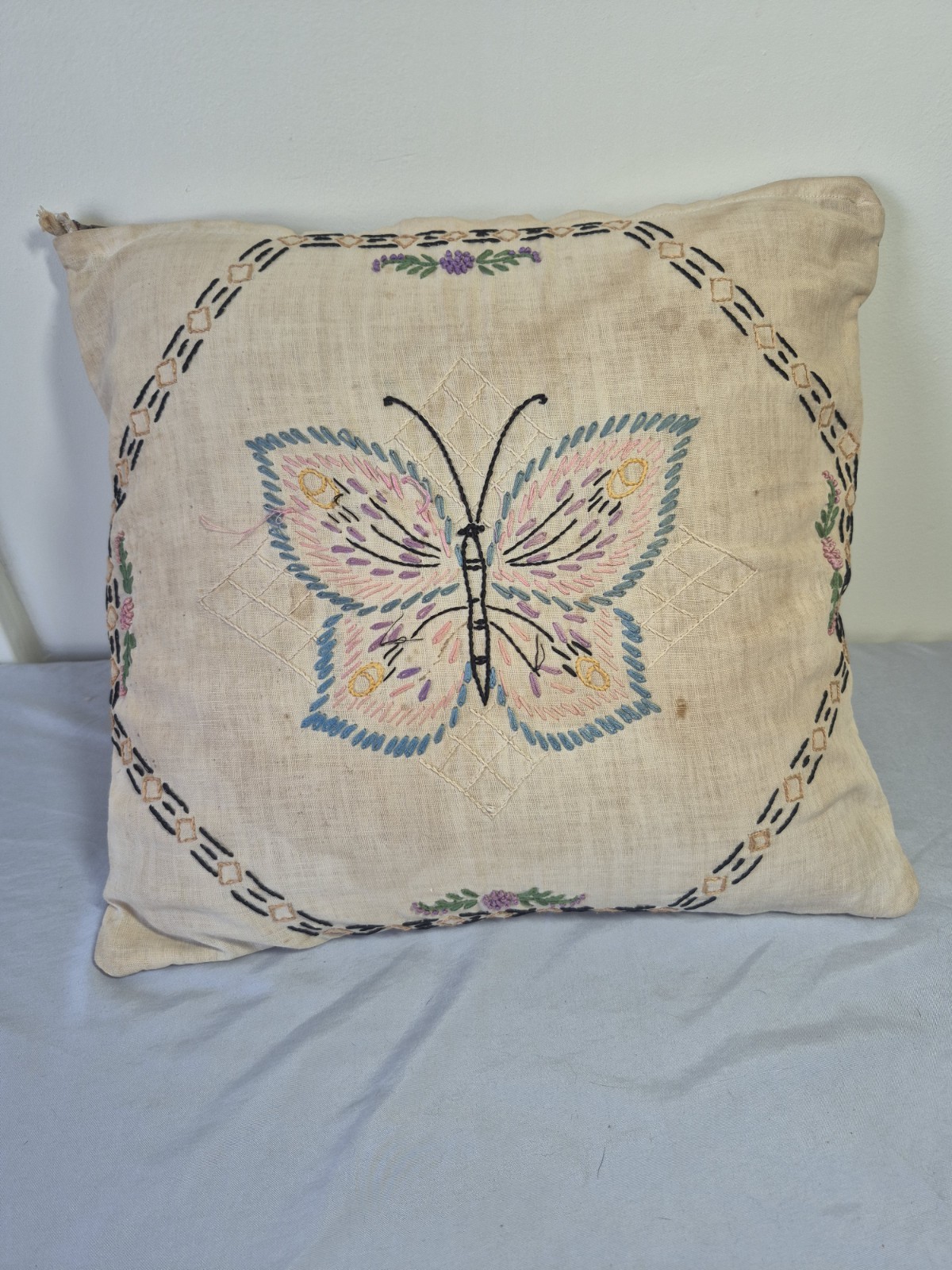 1930\'s Hand Embroidered Butterfly Floral Linen Accent Pillow VNT French Country 