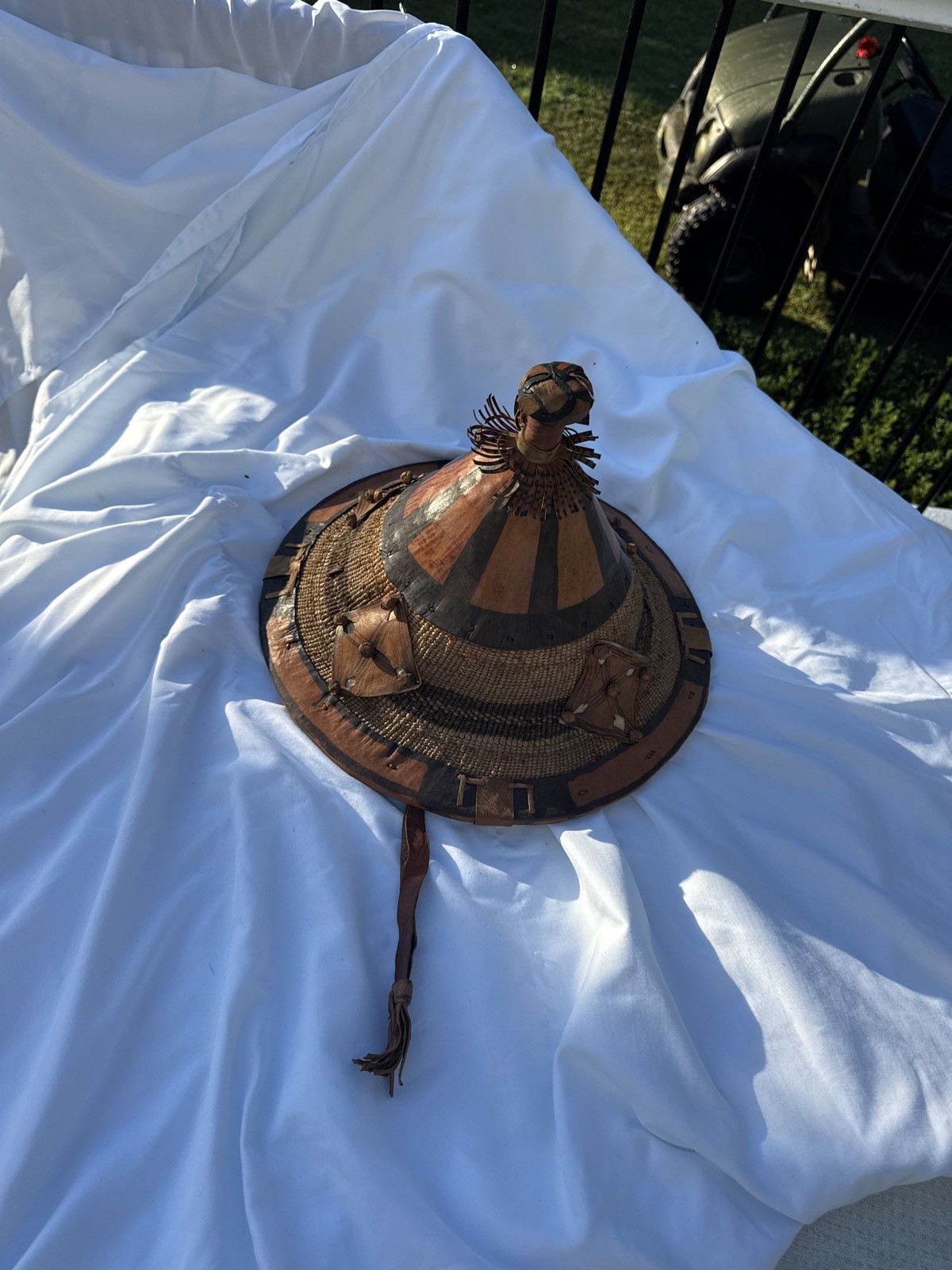 Vintage West African Fulani Handwoven Straw & Leather Conical Hat