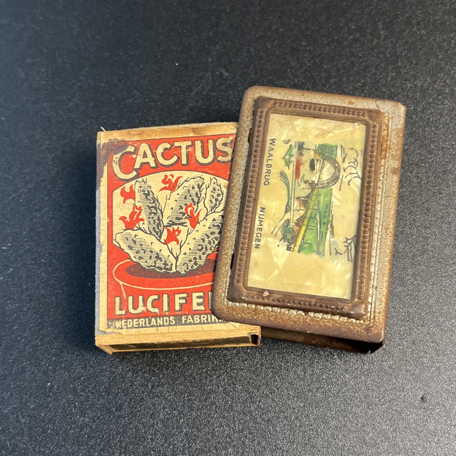 Vtg Waalbrug Bridge Nijmegen Netherlands Matchbox Cover & Cactus Lucifers Box