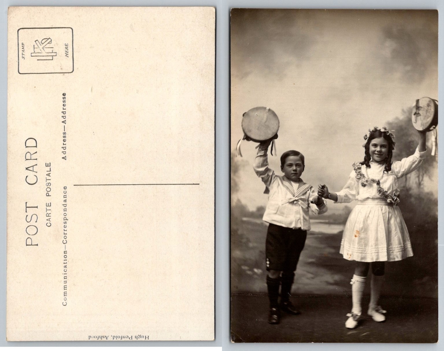 Vintage RPPC Children Sailor Suit Floral Tambourine Hugh Penfold Ashford