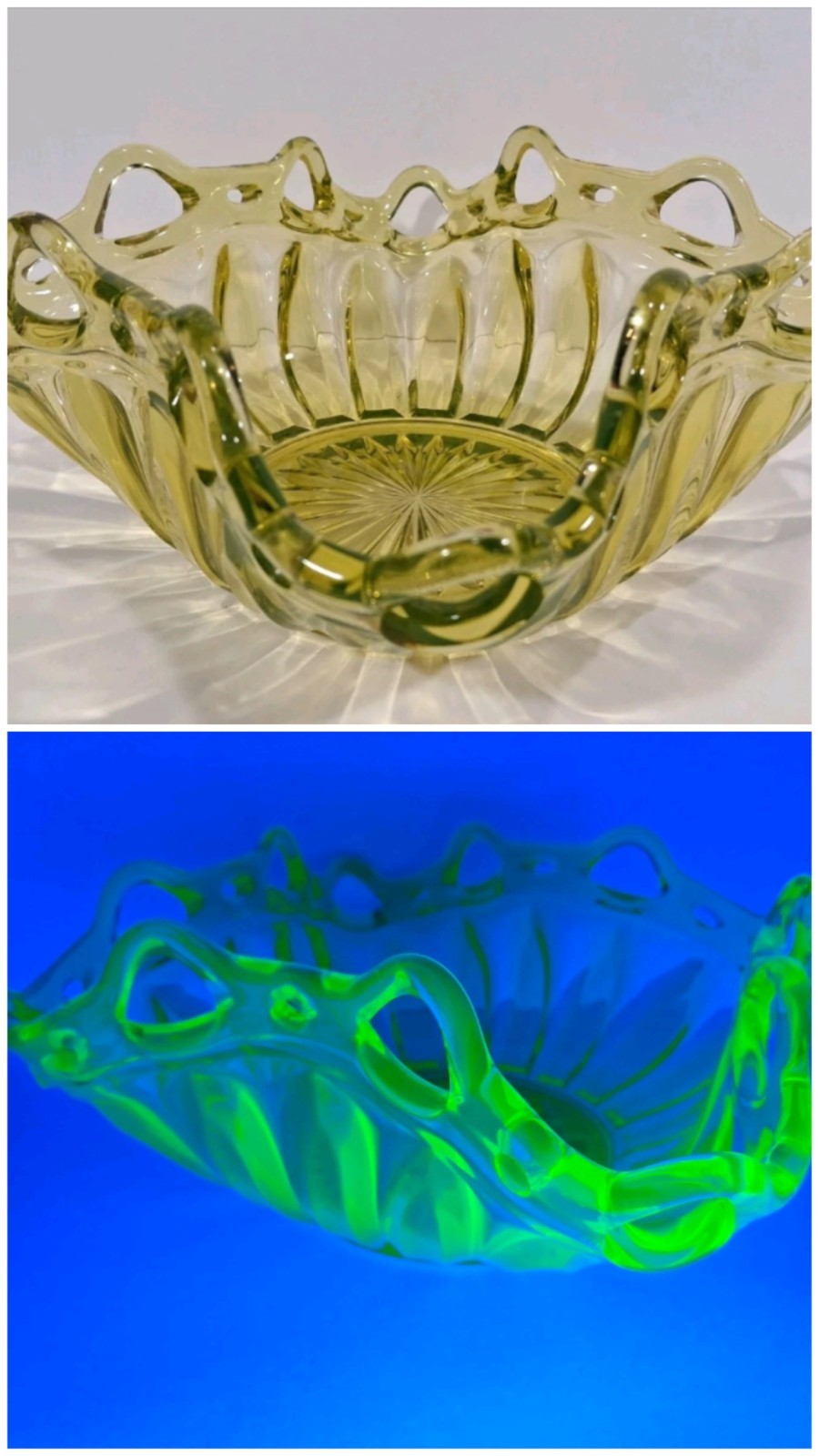 Antique large uranium glass bowl vase dugan hawkes 11.75\
