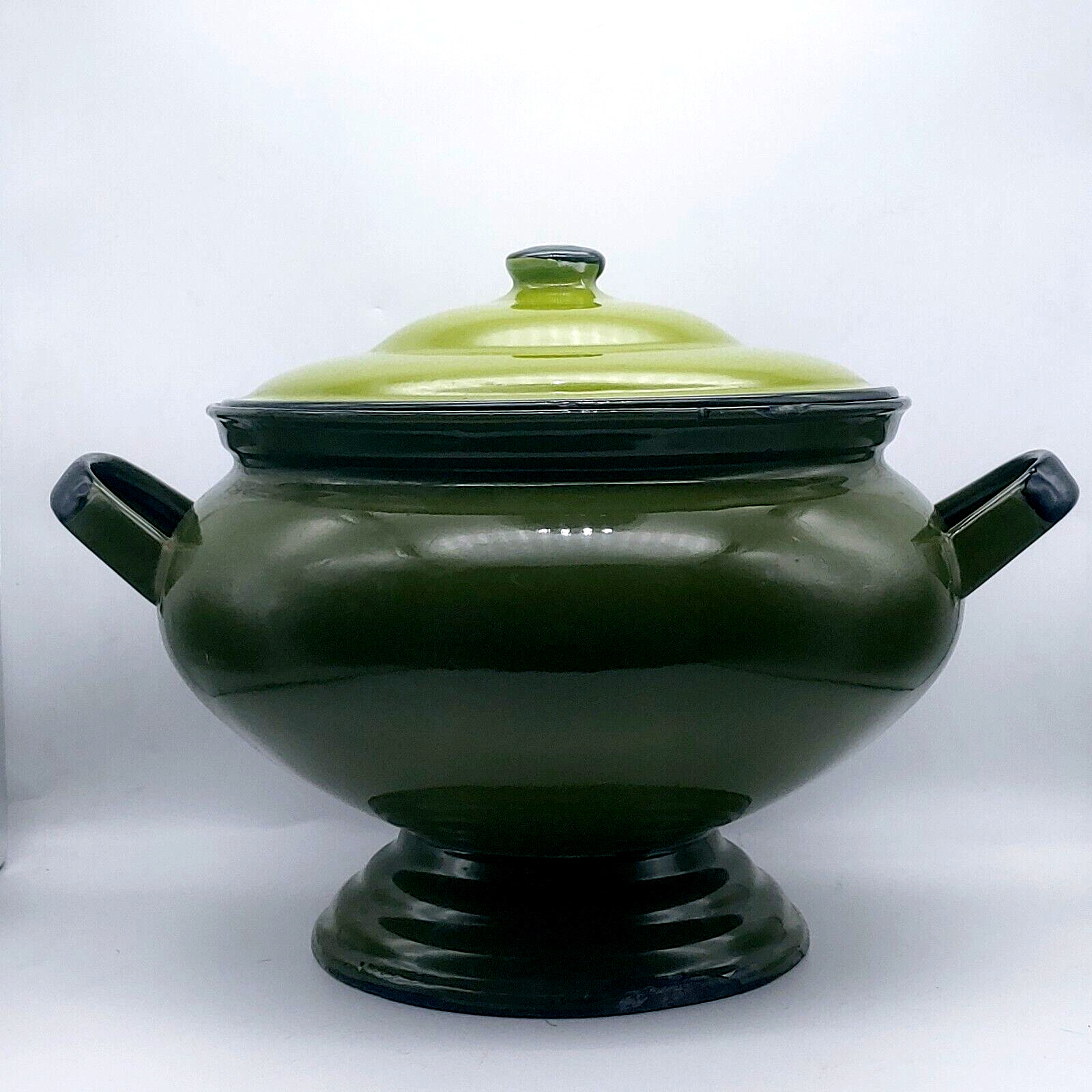 Vintage OTTO Japan 1960s Olive Green Enamel Soup Serving Tureen Pot with Lid