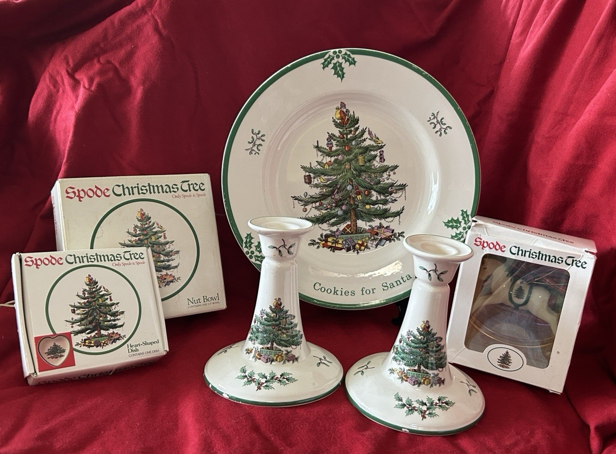 Vintage Lot of Spode Christmas Tree Plate Candle Holder, Bowls, Ornament England