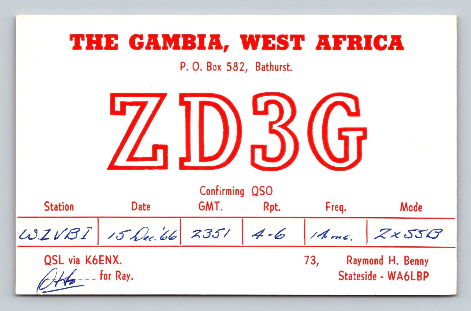 Ham Radio QSL Card ZD3G The Gambia 1966 1A mc ZX55B Mode