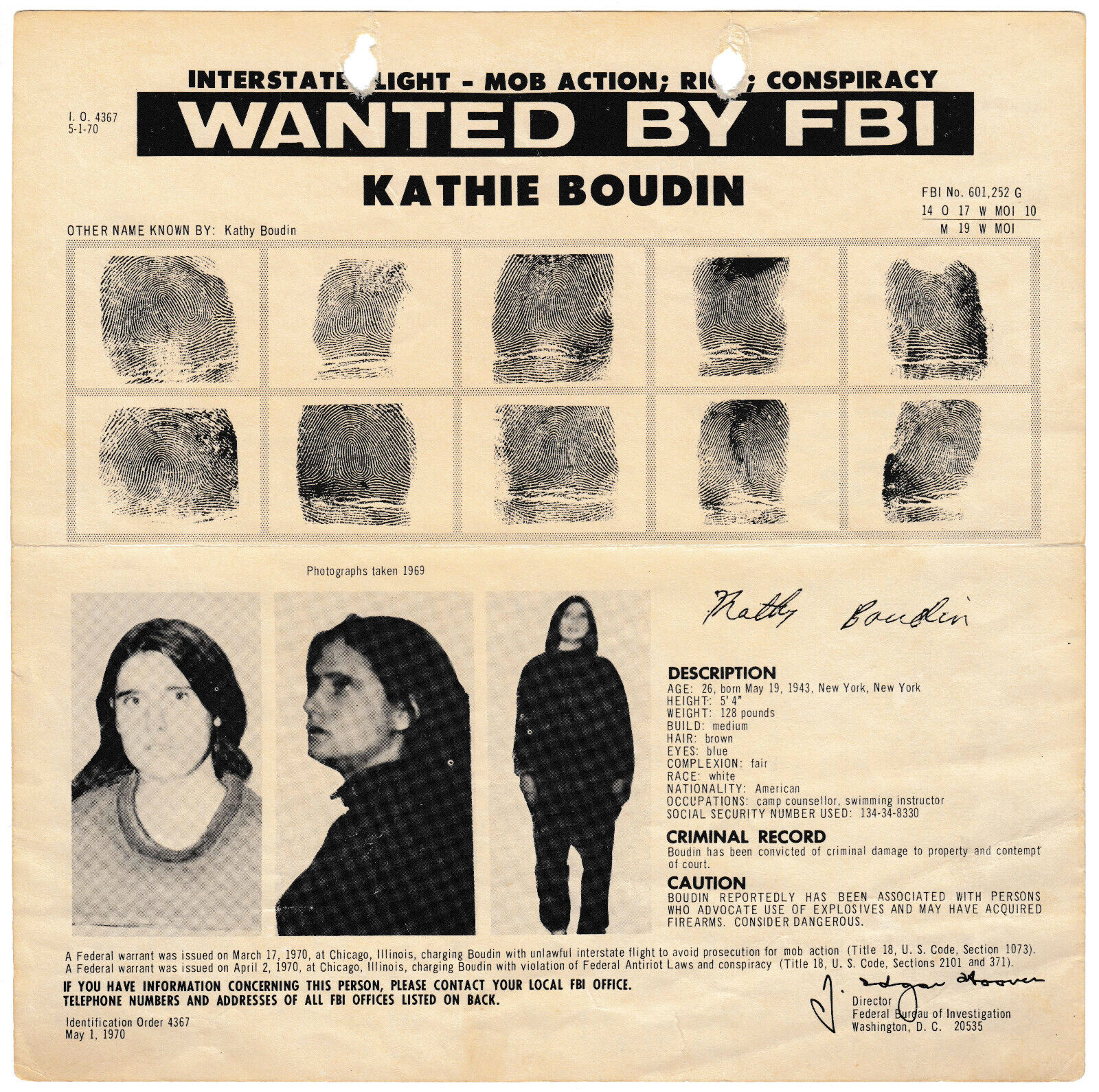 Kathy Boudin FBI Wanted Poster -- original, 1 May 1970
