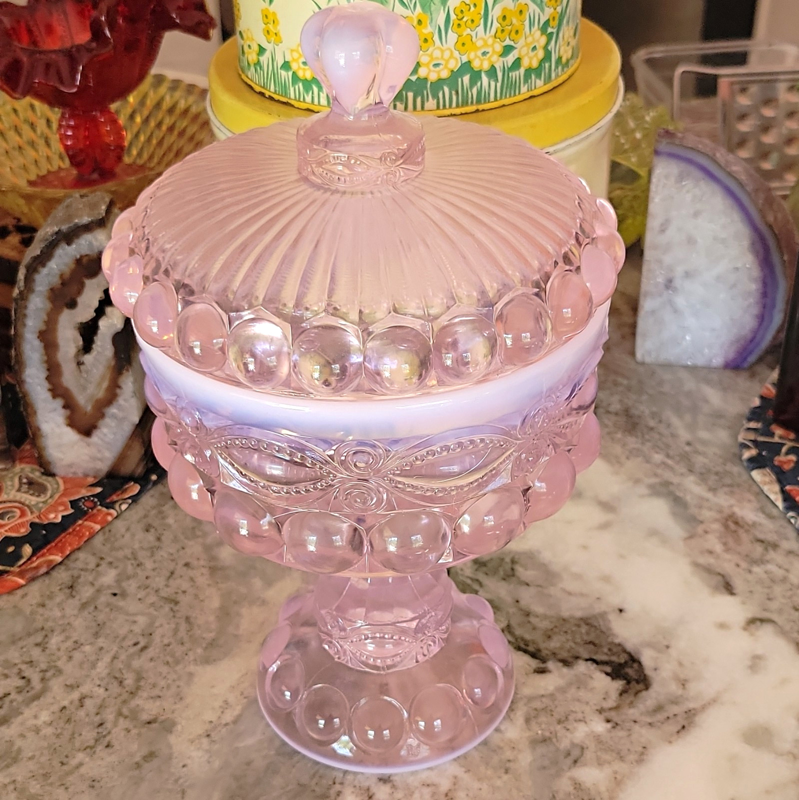 Mosser Art Glass Pink Opaline Eye Winker Large Pedestal Compote Lidded Dish