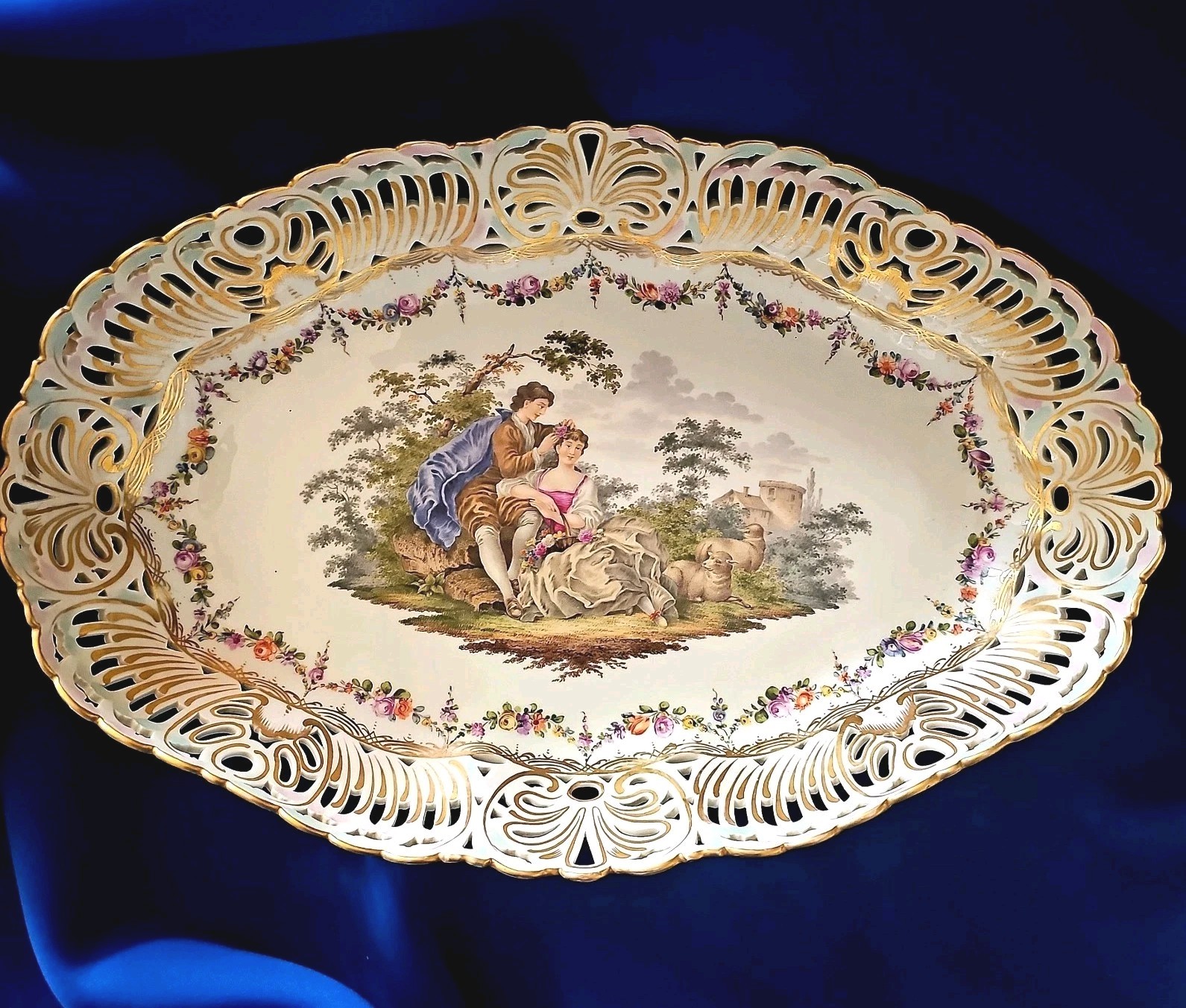 Antique Dresden Helena Wolfsohn H/Painted Reticulated Porcelain Platter 19\