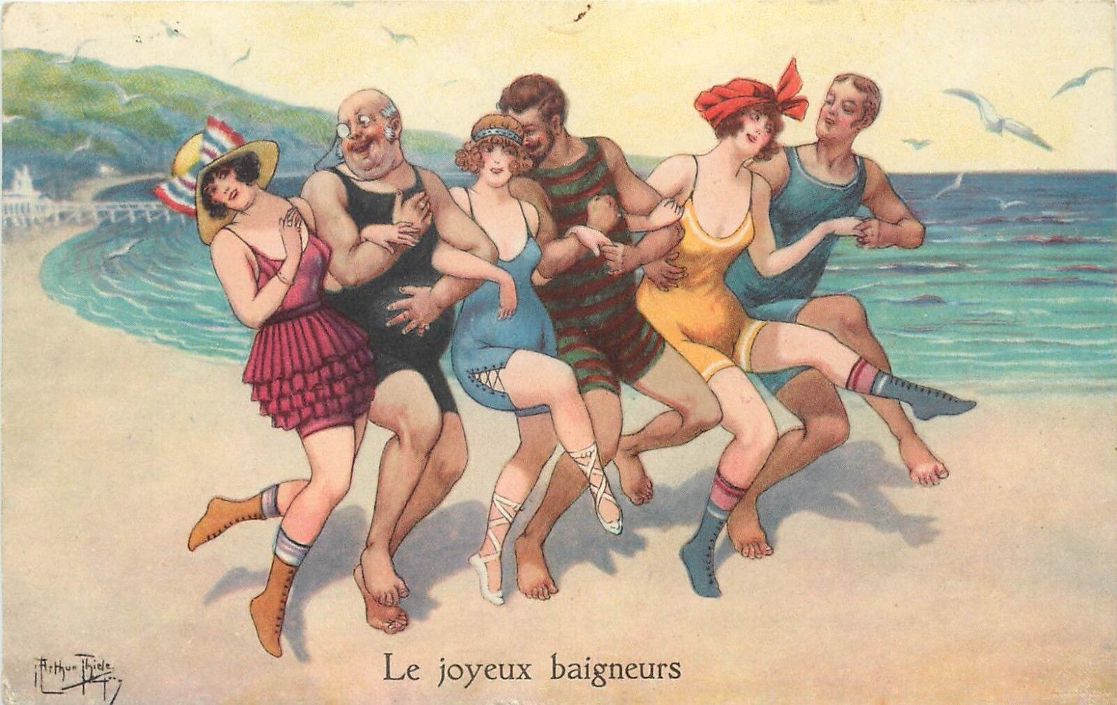 1920s Art Postcard A/S Arthur Thiele Le Joyeux Baigneurs, Dancing Bathers, Beach