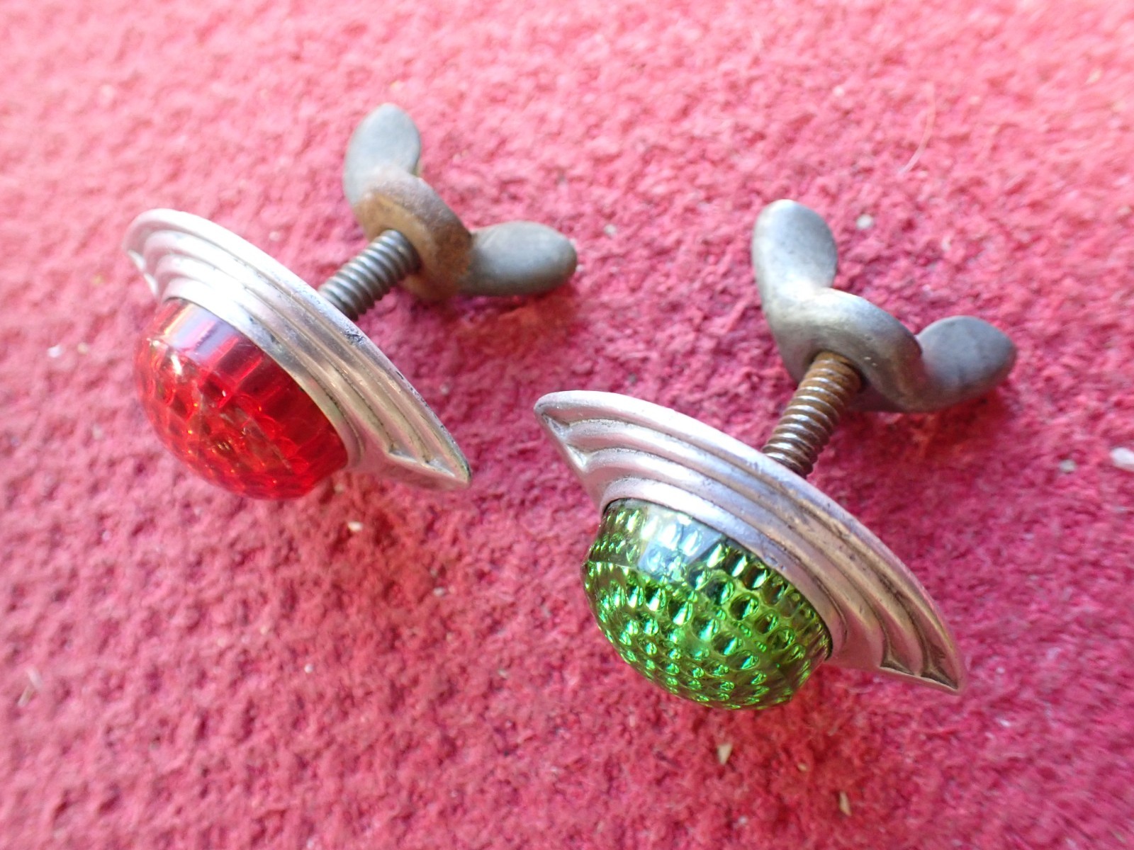 Vintage Red & Green Glass Jewel License Plate Bicycle Reflectors
