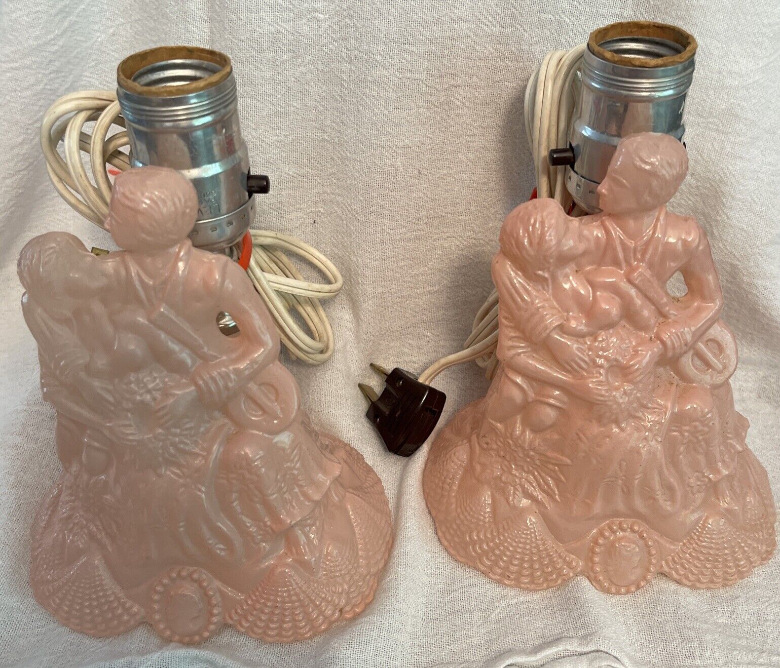 1930s BANJO southern belle gown pink glass boy & girl  Lamps