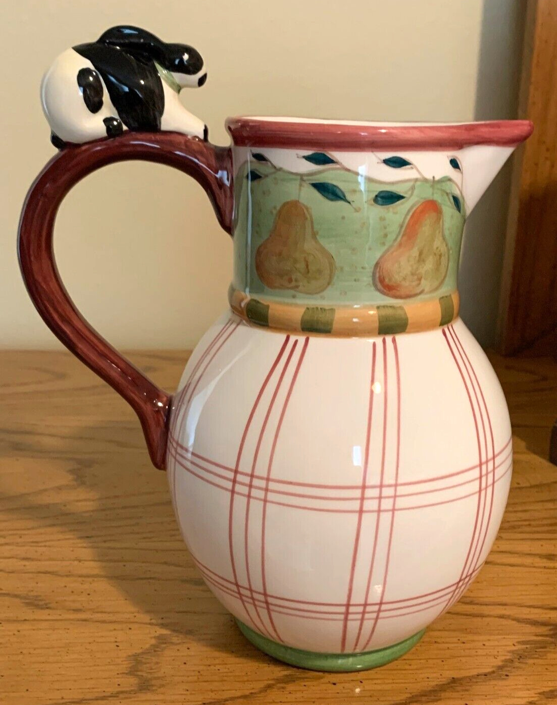 Unique Ceramic Hand Painted Pitcher With Pears and Rabbit on Handle