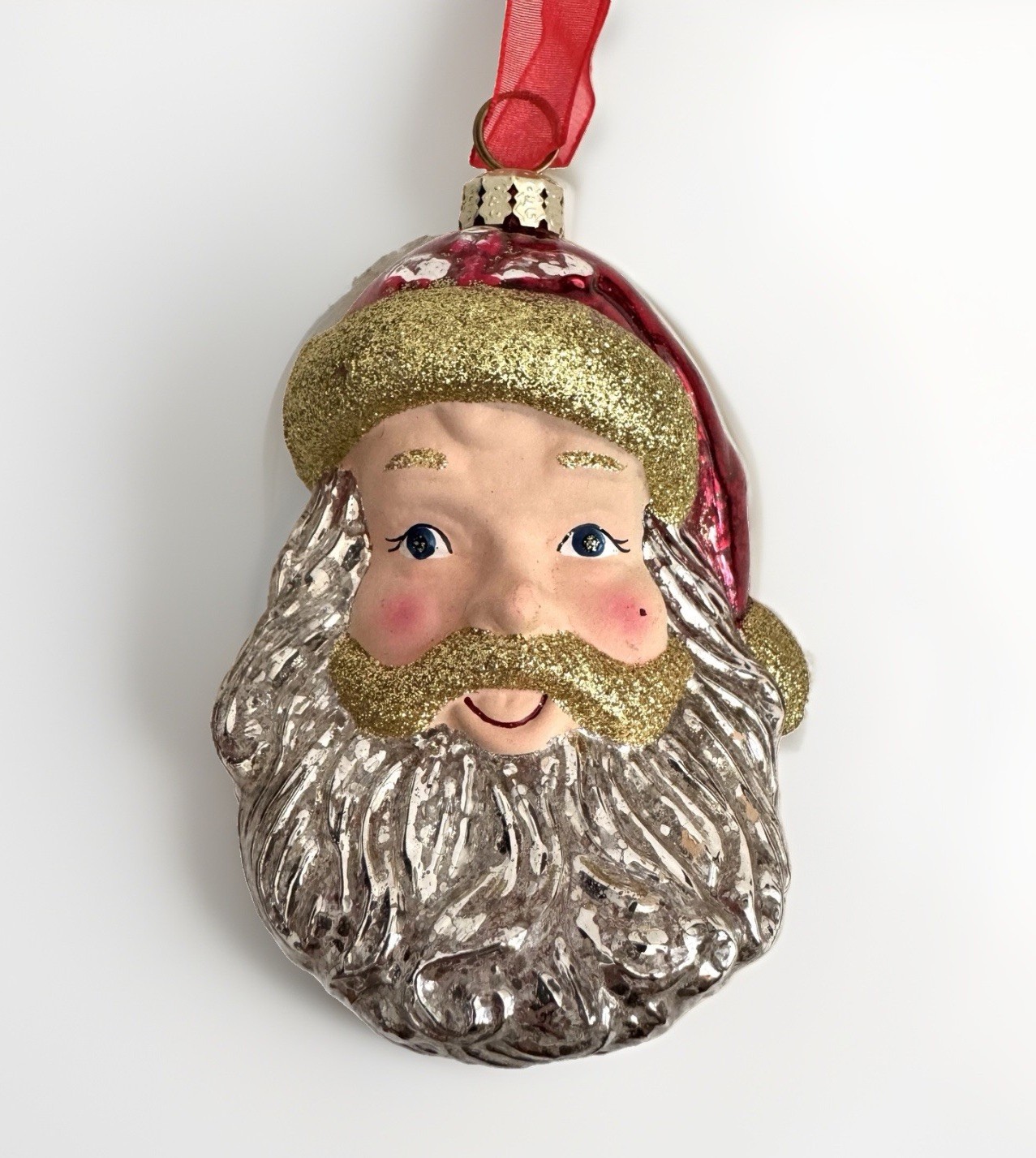 Vintage FRONTGATE Blown Glass Santa Head with Glitter Christmas Ornament 4.5”