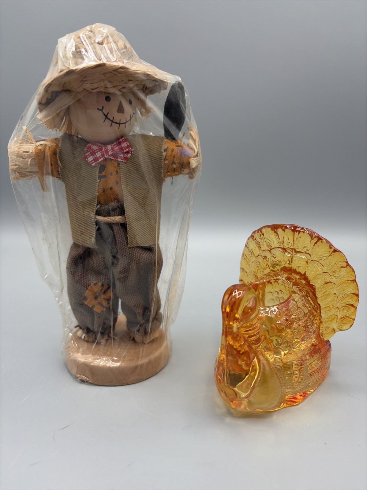 Vintage Glass Thanksgiving Turkey Candle Holder - NOS Scarecrow Figure