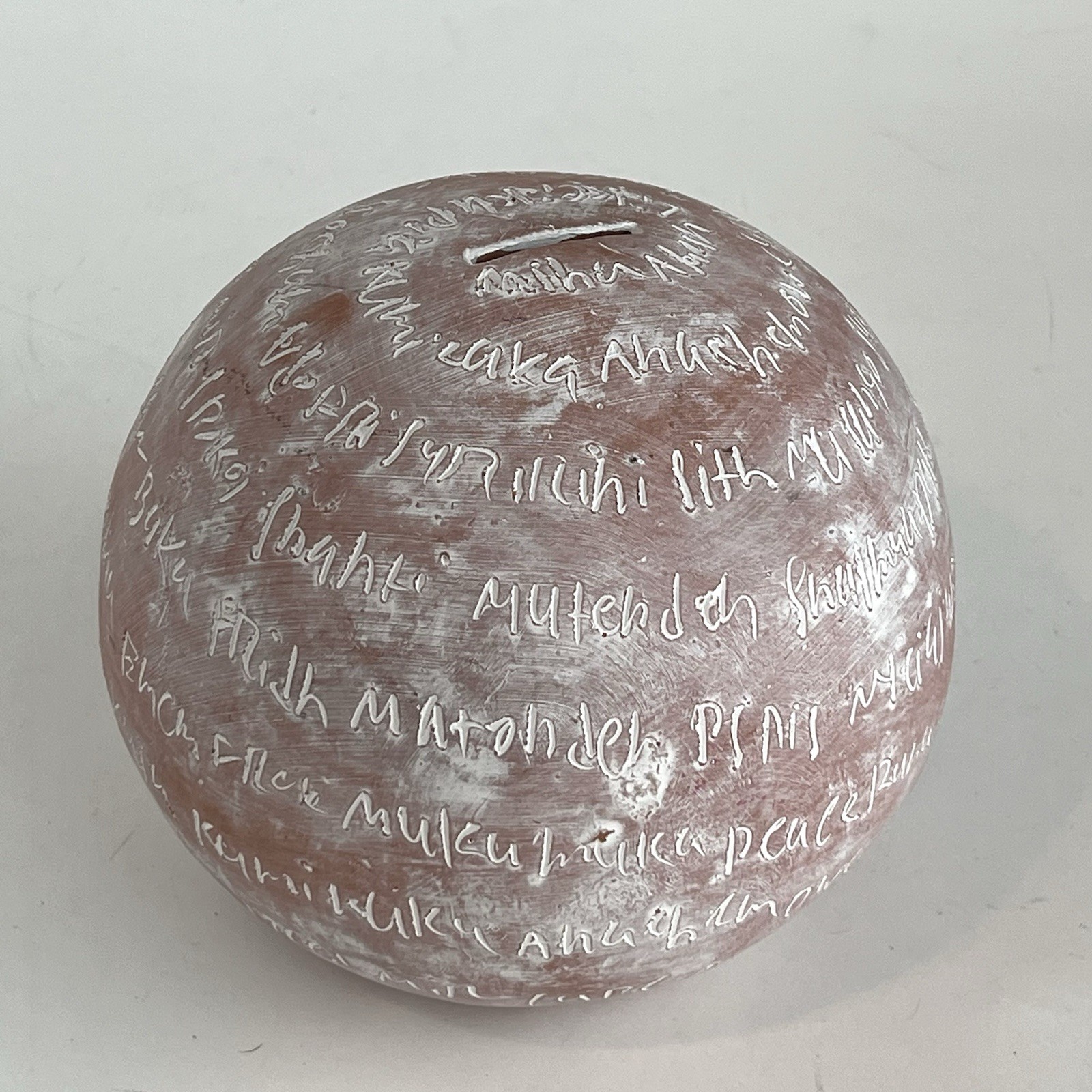 Peace In Different Languages Coin Piggy Bank Whitewash Terra Cotta Bangladesh