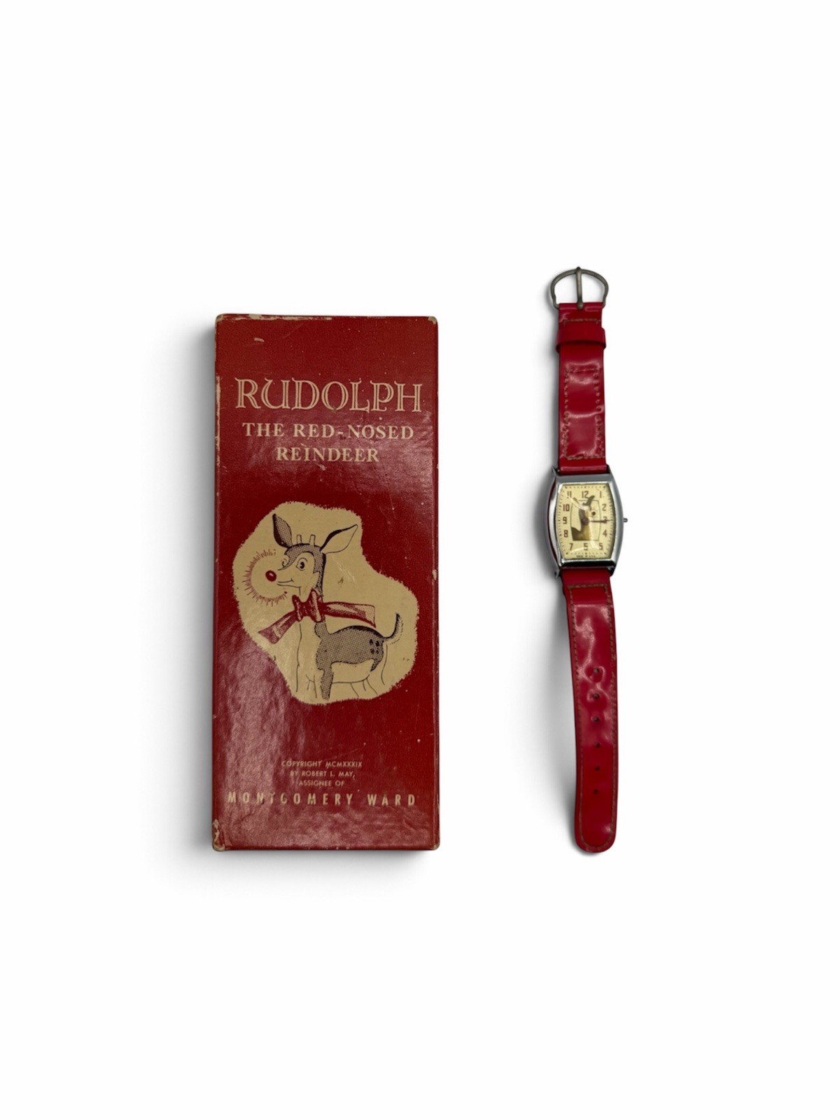 1940s Montgomery Ward RLM Rudolph Red Nosed Reindeer Ingraham Watch w/ Box