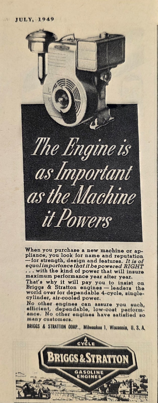1949 Print Ad Briggs & Stratton 4-Cycle Gasoline Engines Milwaukee,Wisconsin
