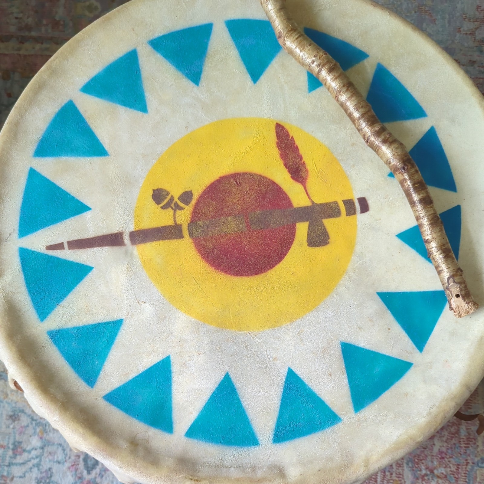 Lg. 70's Vintage Native American Style Hand-Painted Rawhide Floor Drum 20x15.5