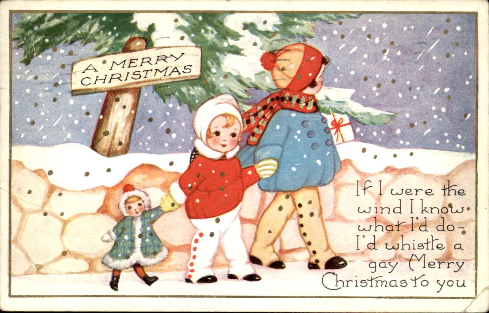 Christmas Children in Snowy Walk Whitney c1910s-20s Vintage Postcard