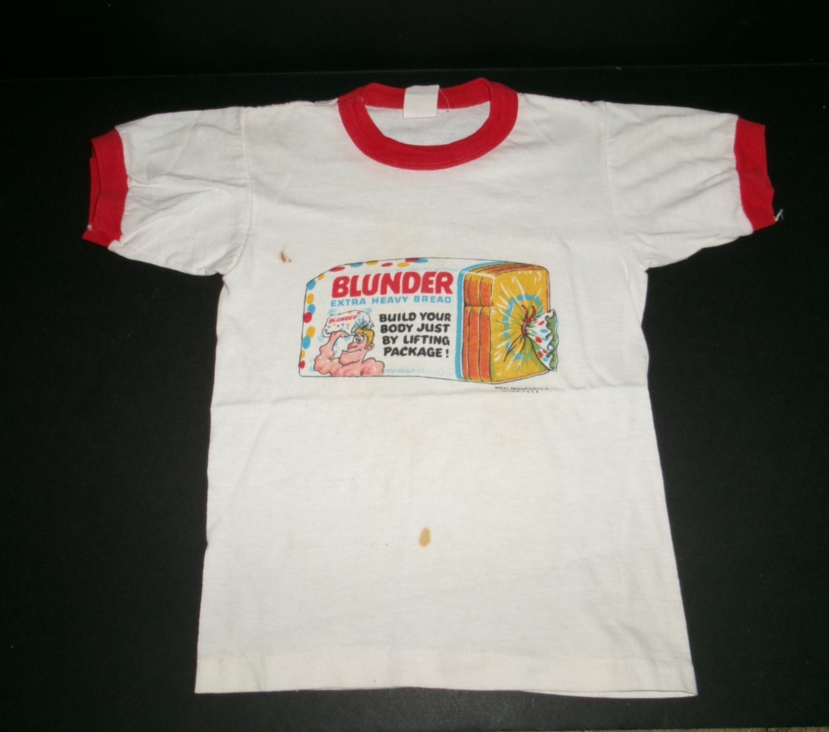 🦇 Vintage Topps WACKY PACKAGES Red Ringer T-Shirt BLUNDER BREAD (See Pics) 🦇