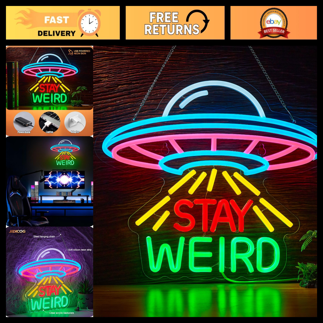 Stay Weird Neon Alien UFO Tractor Beam LED Wall Decor Light - Unique Home Accent Stay Weird Neon Alien UFO Tractor Beam LED Wall Decor Light - Unique Home Accent