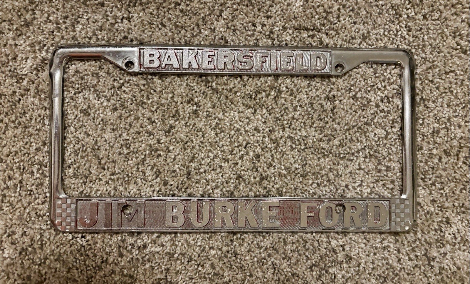 VTG Jim Burke Ford Bakersfield, CA Heavy Metal License Plate Frame RARE