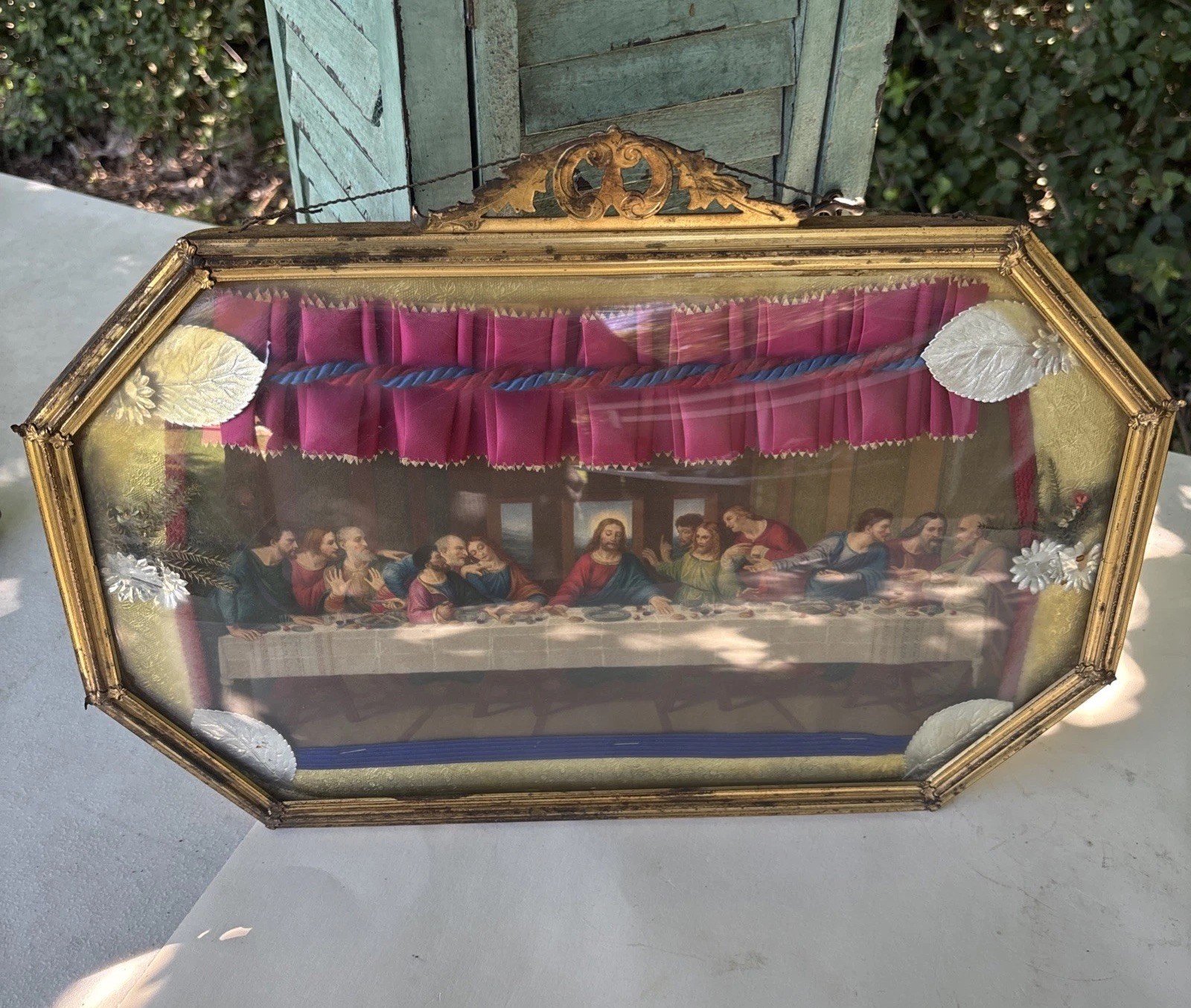 Vintage Last Supper 3D Diorama Wall Art Convex Bubble Glass Foil Pink Ribbon 18\