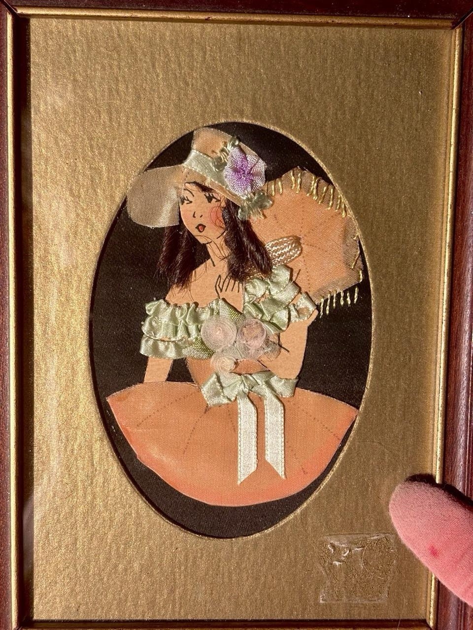 Vintage 1930s–1940s Handmade Ribbonwork Lady Portrait, Framed
