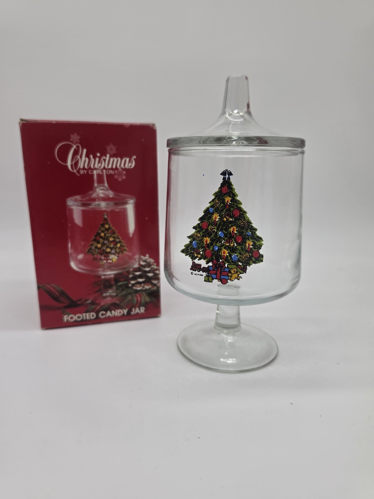 Vtg 1985 Action Industries Christmas by Carlton Footed Candy Jar with Lid