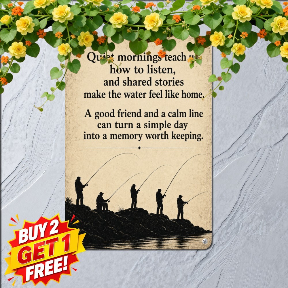 Rocky Shoreline Angler Fishing Sign Scenic Lake House Decor Metal Plaque